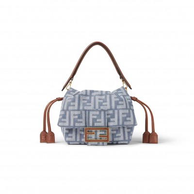 FENDI MAMMA BAGUETTE SMALL BLUE DENIM-EFFECT FF JACQUARD MINI-BAG 8BS105AV5WF1SXQ (16*13*10cm)